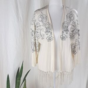 Maurices floral embroidered fringe tassel coverup drape open front kimono M-L